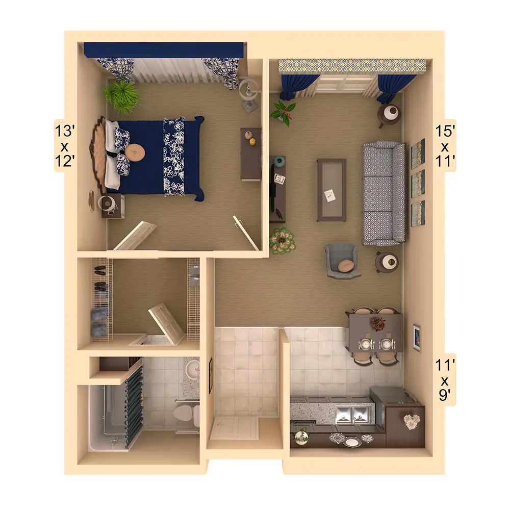 3D floor plan of a one-bedroom apartment with a bedroom, bathroom, kitchen, dining area, and living room. Room dimensions are labeled.