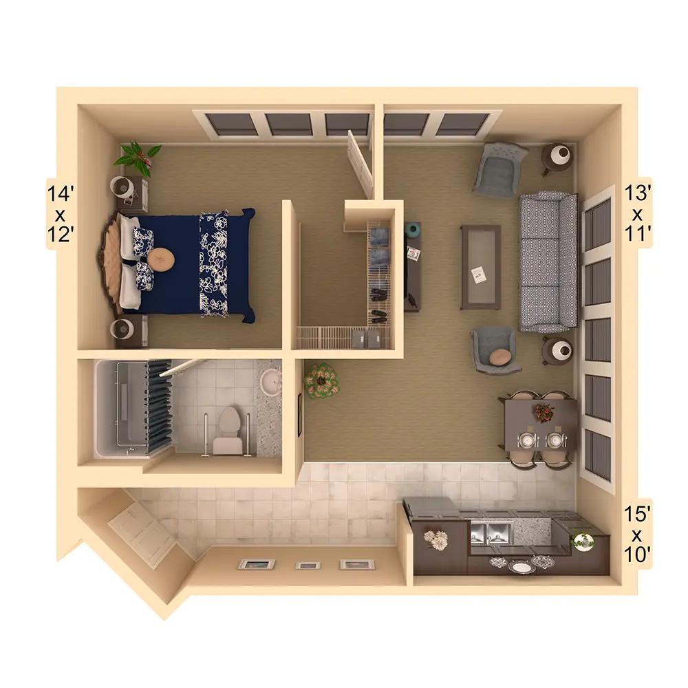 3D floor plan of a one-bedroom apartment with a bathroom, kitchen, living room, and bedroom, showing room sizes and furniture placement.