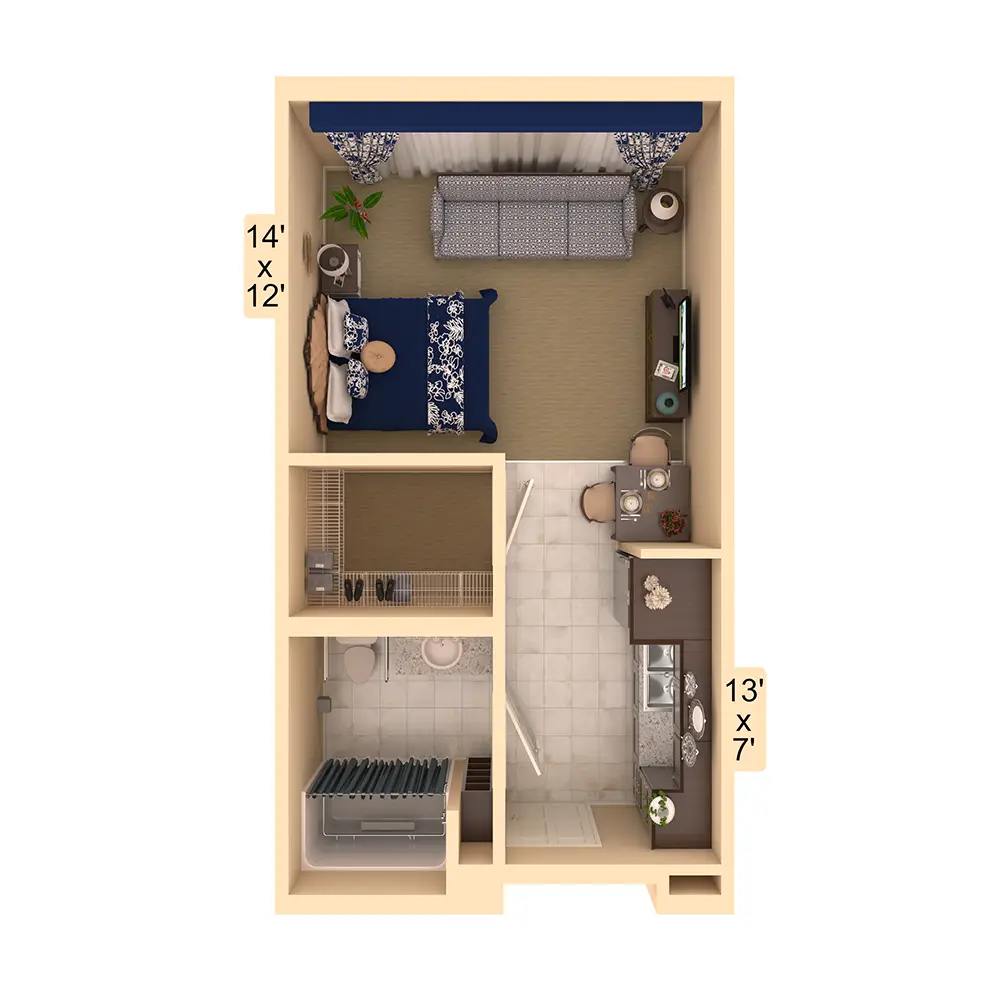 Floor plan of a small apartment with one bedroom, a bathroom, a kitchen, and a combined living and sleeping area; room dimensions are labeled.