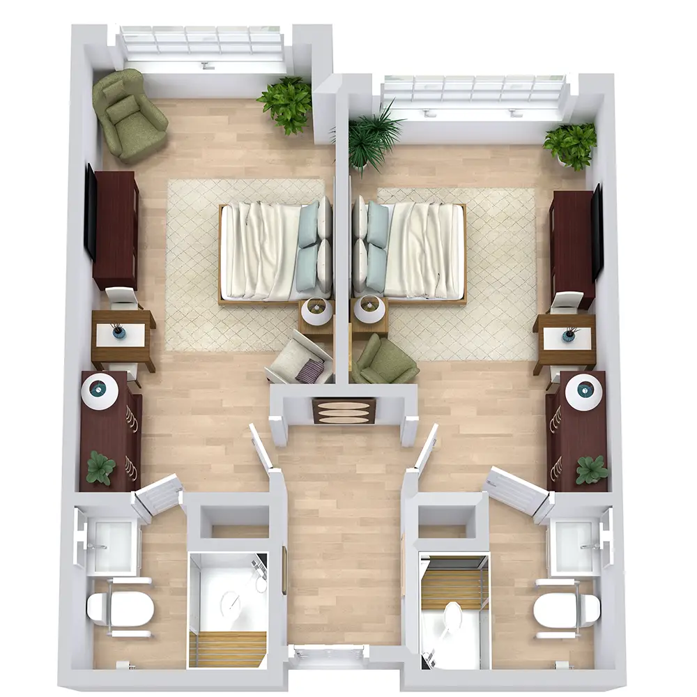 3D floor plan of a senior living room