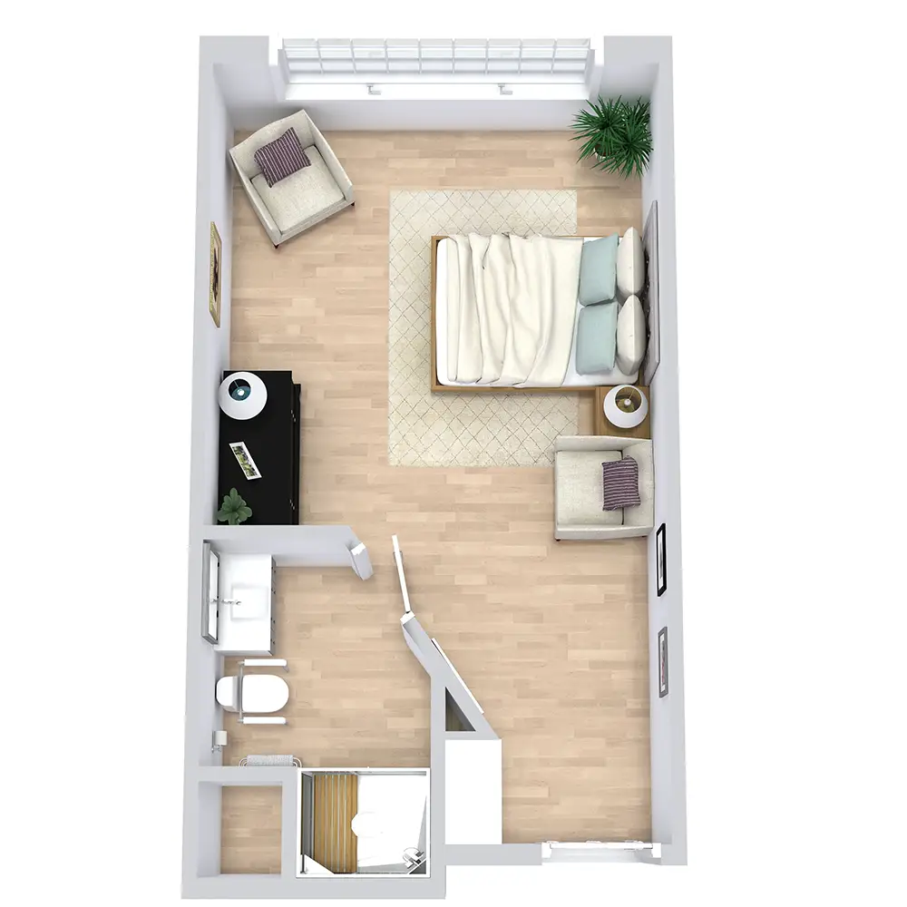 3D floor plan of a senior living room