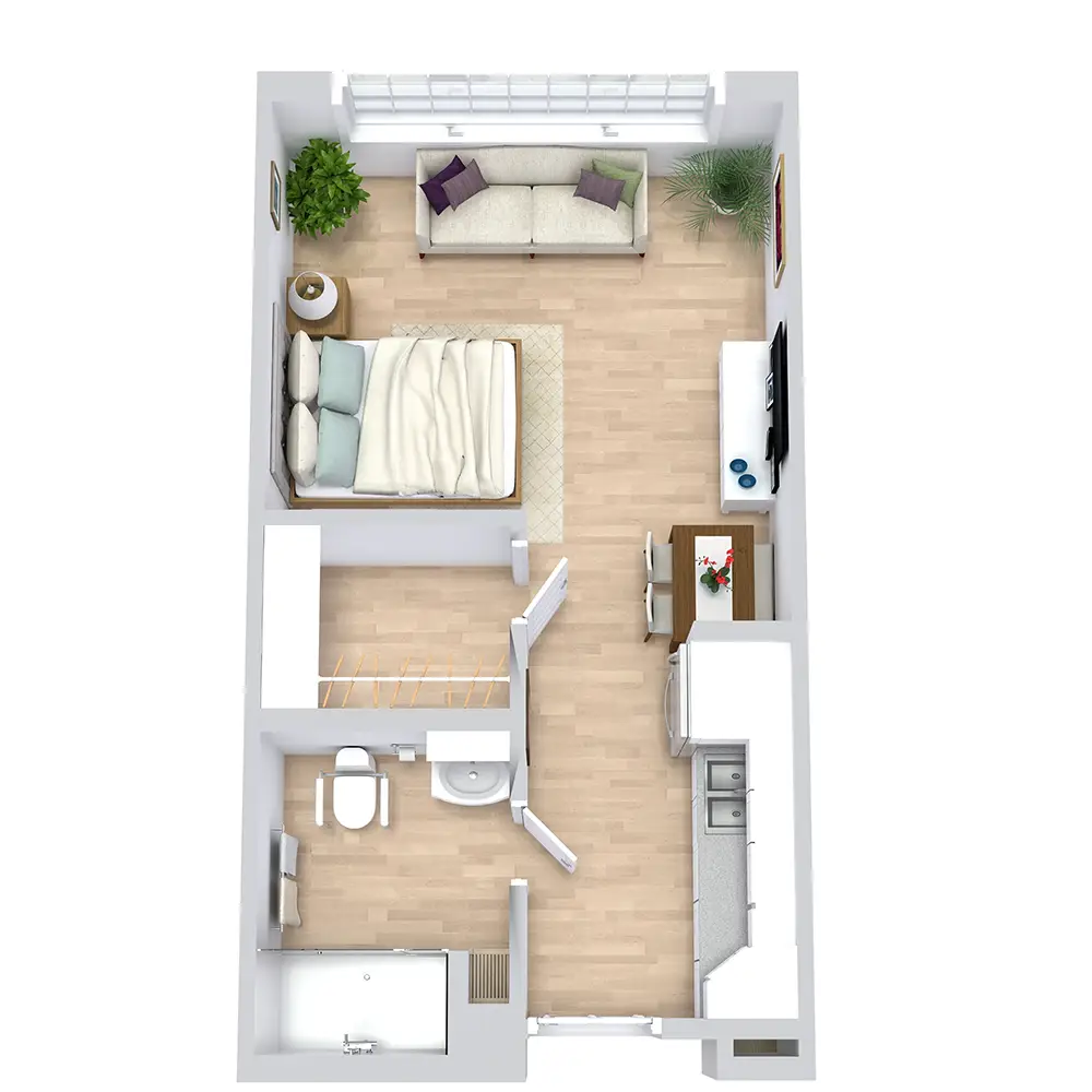 3D floor plan of a senior living room