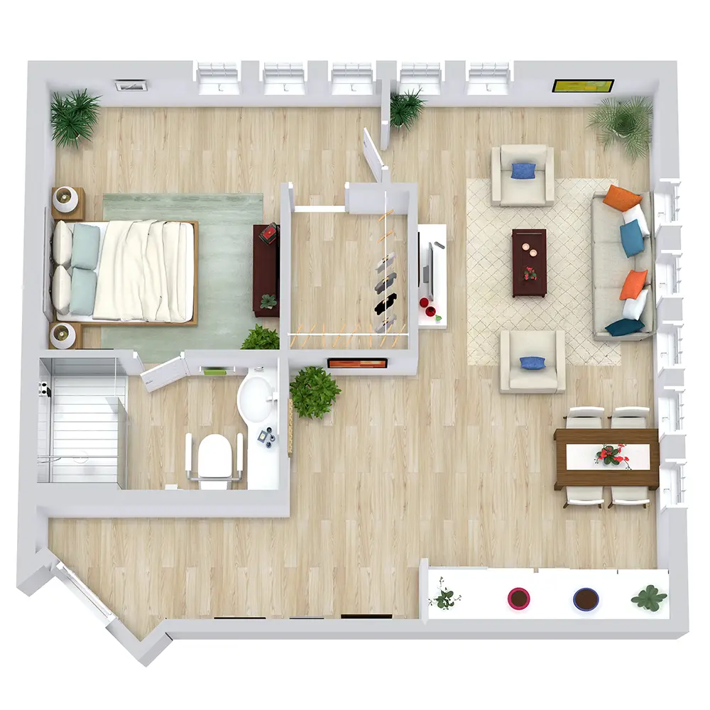 3D floor plan of a senior living room