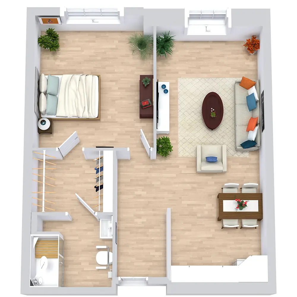 3D floor plan of a senior living room
