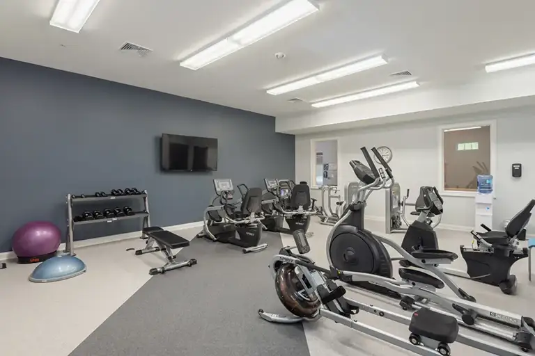 Modern gym room at Trustwell Senior Living features various exercise machines, free weights, benches, a stability ball, balance trainer, mounted TV, and a water dispenser set against a blue accent wall. Modern gym room at Trustwell Senior Living features various exercise machines, free weights, benches, a stability ball, balance trainer, mounted TV, and a water dispenser set against a blue accent wall.