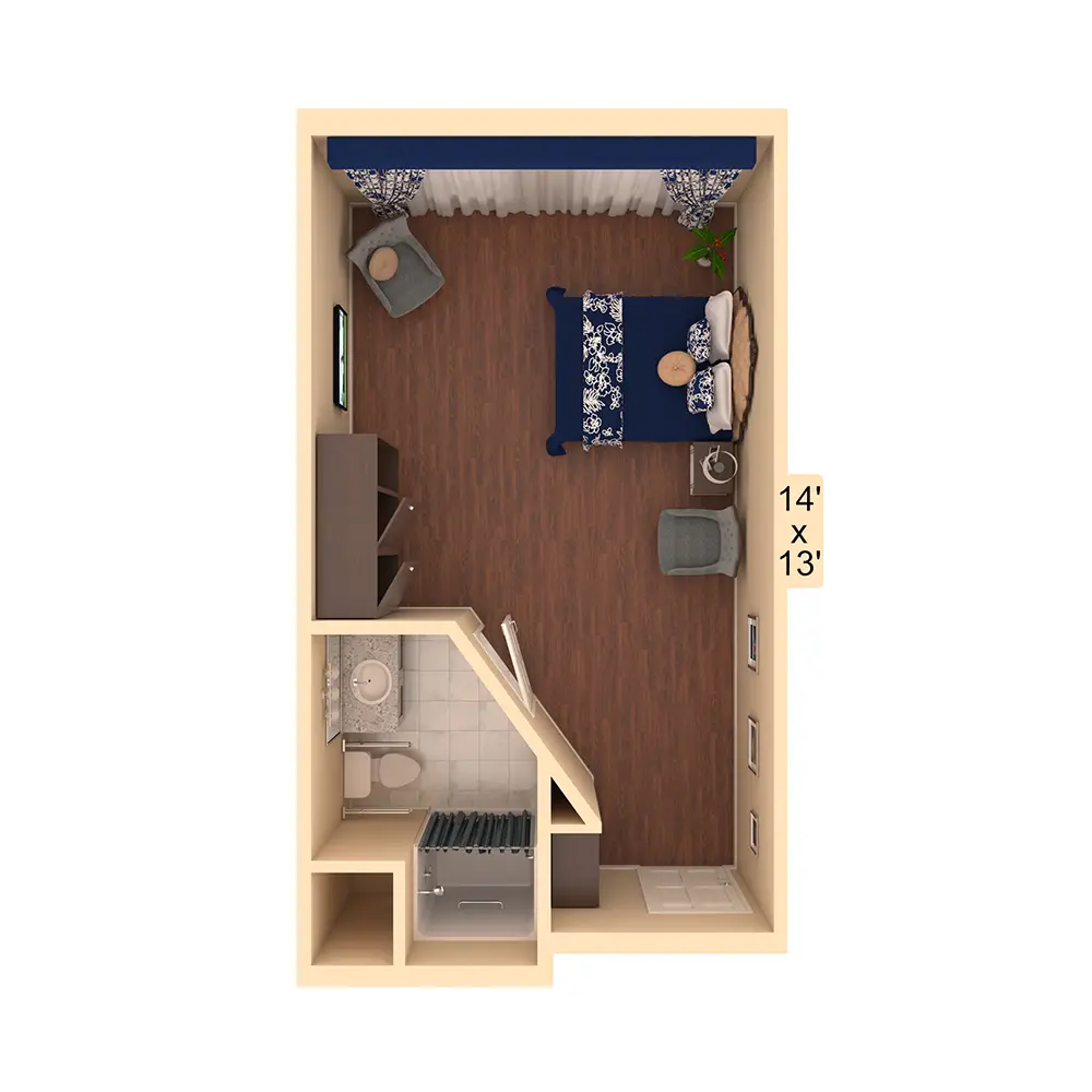 Top-down view of a 14 by 13 foot bedroom floor plan with a bed, two chairs, a desk, and an attached bathroom in one corner.