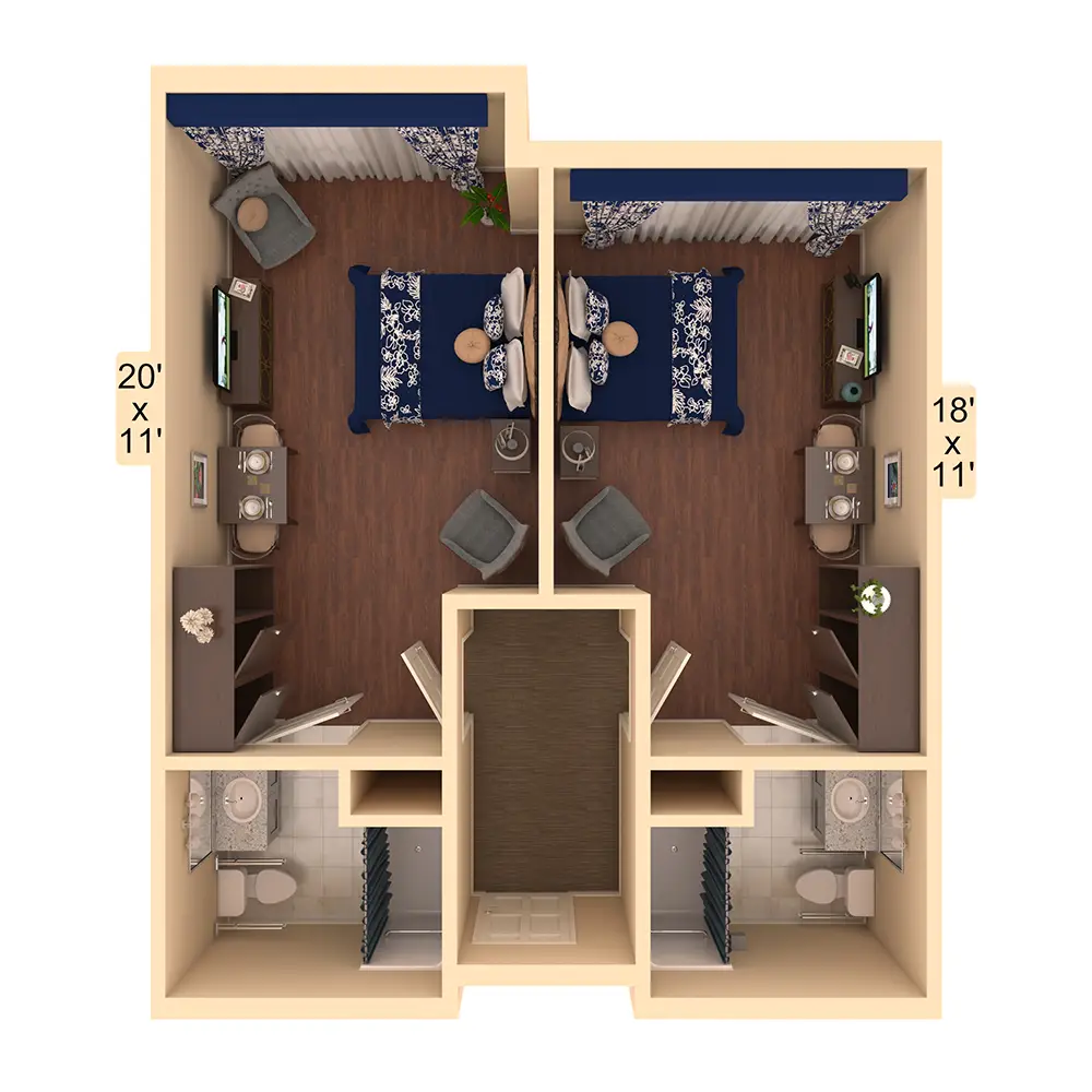 Top-down view of a two-bedroom apartment layout with identical rooms, each featuring beds, desks, armchairs, bathrooms, and a shared entrance hallway; room dimensions are noted.