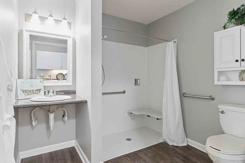 Accessible bathroom with walk-in shower, wall-mounted seat, grab bars, toilet, wall cabinet, sink with mirror, and gray walls. Accessible bathroom with walk-in shower, wall-mounted seat, grab bars, toilet, wall cabinet, sink with mirror, and gray walls.