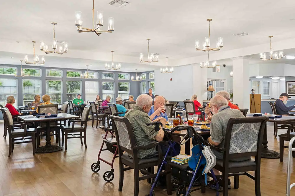 Elderly people sit at tables eating and talking in a bright, spacious dining room with large windows and chandeliers. Elderly people sit at tables eating and talking in a bright, spacious dining room with large windows and chandeliers.