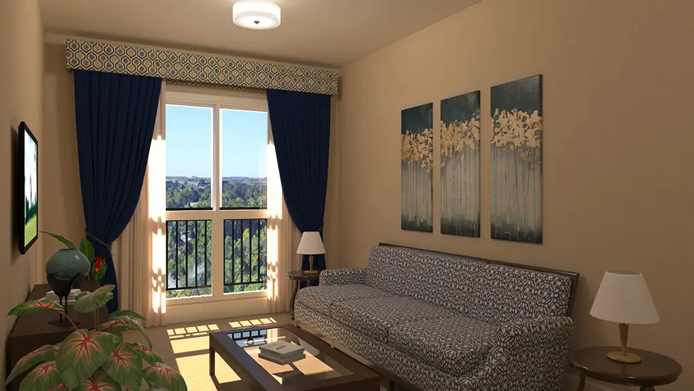 RU-c1_0000 A living room with a patterned sofa, coffee table, side lamp, wall art, blue curtains, and a window showing a view of greenery outside.