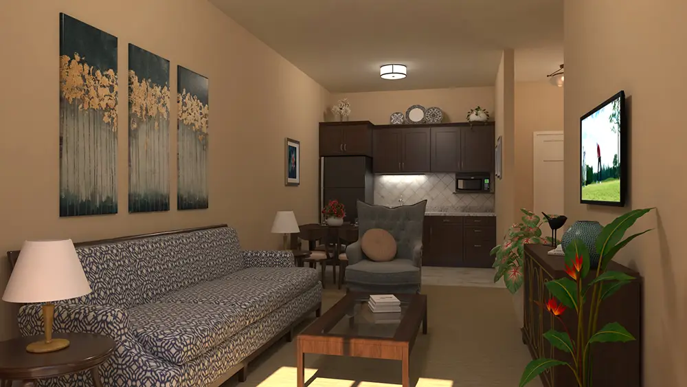 RU-c1_0001 A cozy living room with a patterned sofa, wall art, coffee table, TV, and an open kitchen with dark wood cabinets in the background.