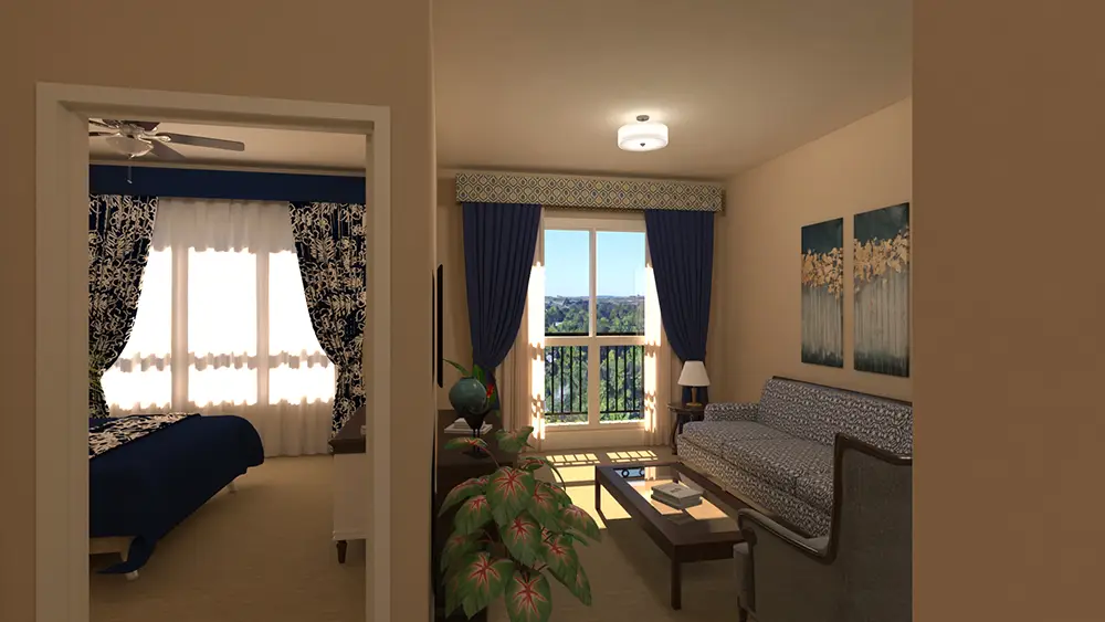 RU-c1_0365 A living room with a sofa, coffee table, and large window with blue curtains; a bedroom with a bed and ceiling fan is visible through an open doorway.