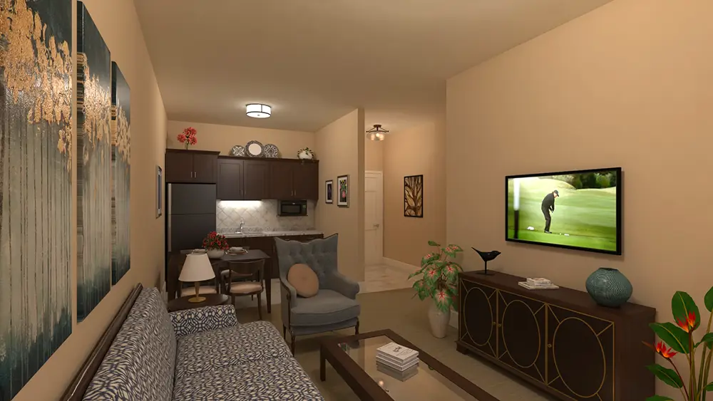 RU-c2_0202 A modern living room with a sofa, armchair, TV showing a golf game, coffee table, wall art, and a view of a kitchen in the background.