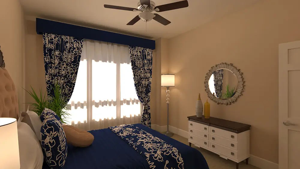 RU-c3-2_0480 A bedroom with a large window, blue and white curtains, a bed with blue and white bedding, a ceiling fan, a dresser with a mirror, and a floor lamp.