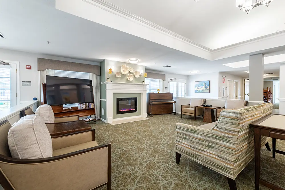 A spacious living room with armchairs, a sofa, a TV, a piano, a fireplace, decorative wall flowers, and carpeted flooring under bright natural and ceiling lighting. A spacious living room with armchairs, a sofa, a TV, a piano, a fireplace, decorative wall flowers, and carpeted flooring under bright natural and ceiling lighting.