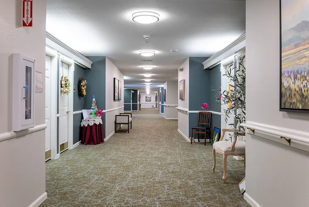 A well-lit hallway in a residential building with chairs, tables, framed art, and decorative plants along the walls; doors to rooms are visible on both sides. A well-lit hallway in a residential building with chairs, tables, framed art, and decorative plants along the walls; doors to rooms are visible on both sides.