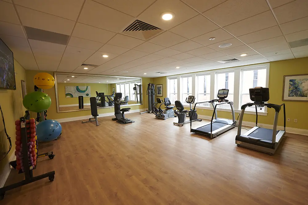 TWRH10 A fitness room with treadmills, stationary bikes, exercise balls, hand weights, wood flooring, large windows, and wall mirrors.