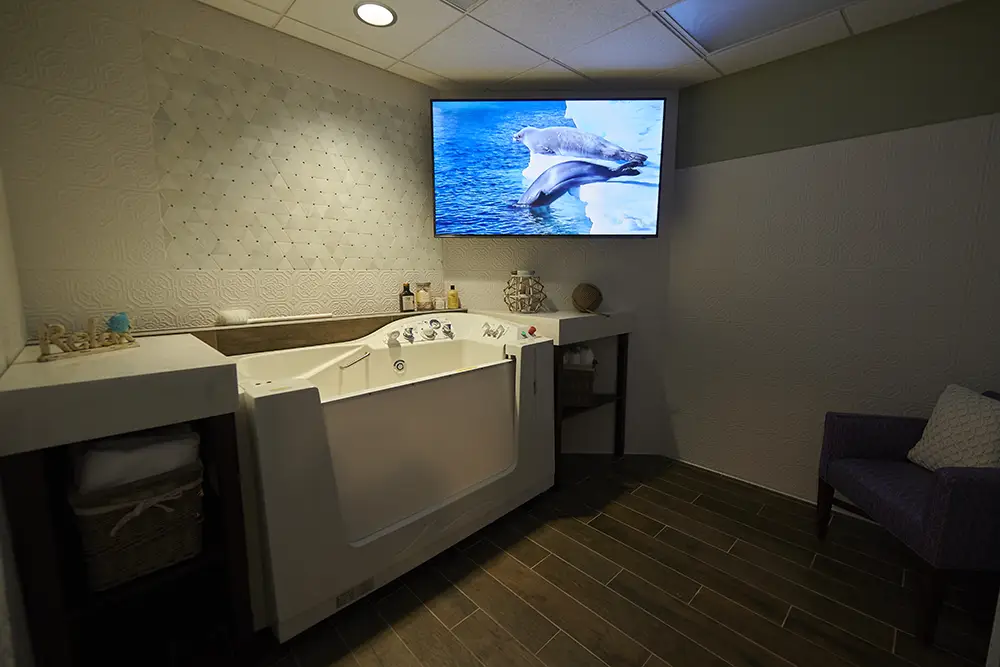 TWRH6 A room with a walk-in bathtub, a wall-mounted TV displaying dolphins, a chair, and decorative items on the counter.