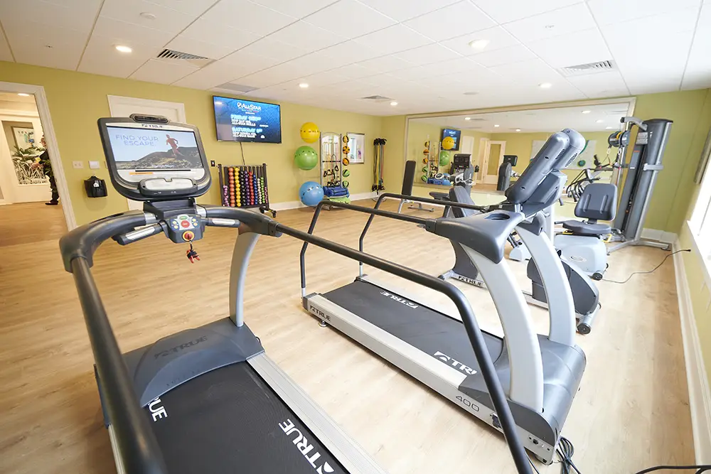 TWRH9 A gym room with treadmills, stationary bikes, exercise balls, wall-mounted TVs, and various fitness equipment on wooden flooring with large mirrors.