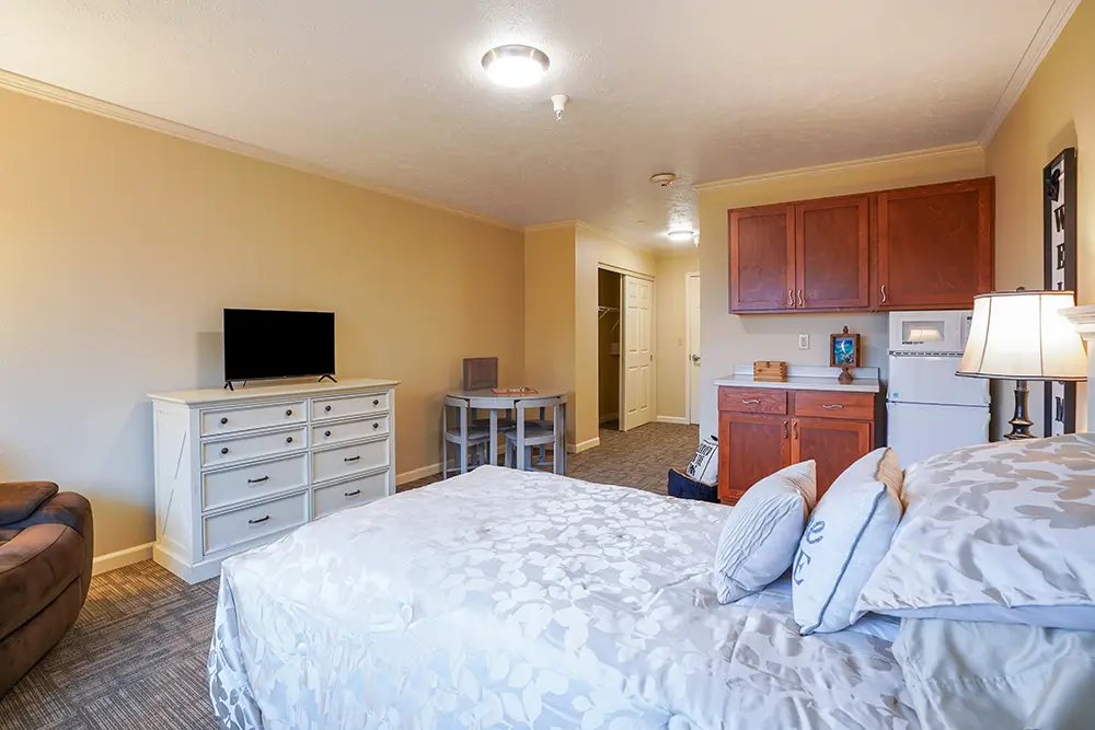 Well-lit bedroom with a bed, dresser and TV, small dining table, kitchenette with mini-fridge, and brown cabinets. Neutral walls and carpeted floor. Well-lit bedroom with a bed, dresser and TV, small dining table, kitchenette with mini-fridge, and brown cabinets. Neutral walls and carpeted floor.