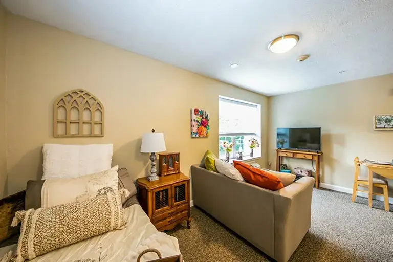 A Trustwell Senior Living living room with a sofa, armchair, wooden side table, TV on a stand, window with potted plants, and a small dining area in the corner. A Trustwell Senior Living living room with a sofa, armchair, wooden side table, TV on a stand, window with potted plants, and a small dining area in the corner.