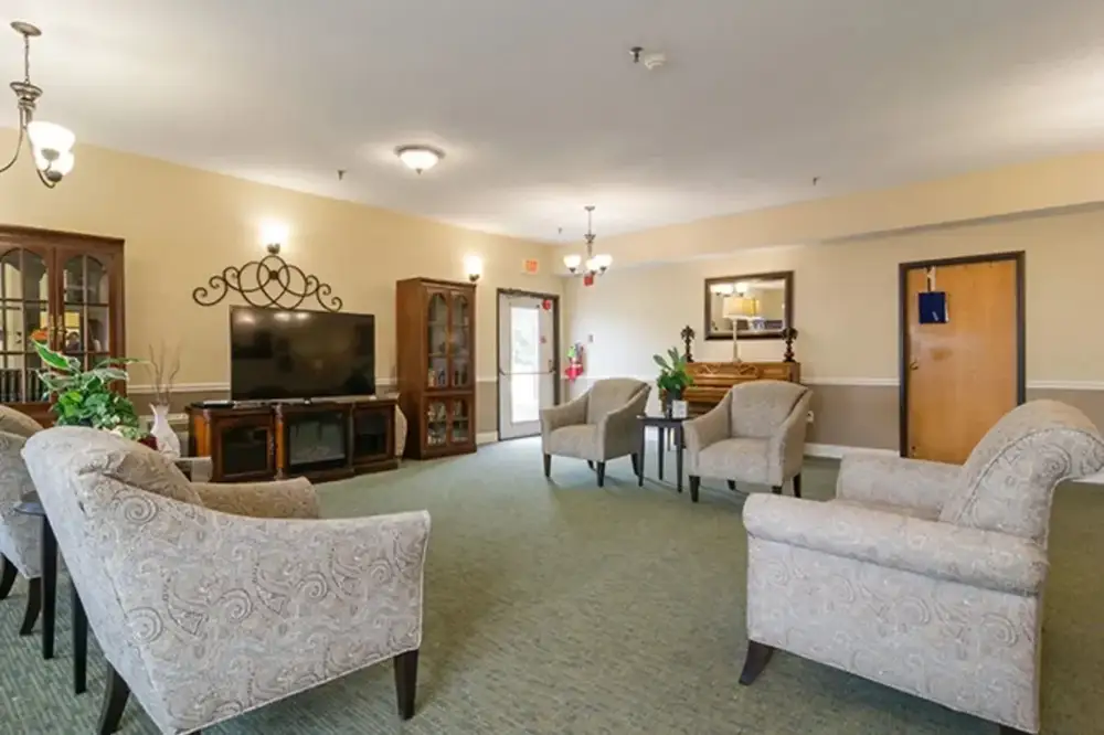 A well-lit, carpeted lounge area at Trustwell Senior Living features patterned armchairs, a TV on a wooden stand, decorative plants, and wall-mounted lighting for a welcoming atmosphere.