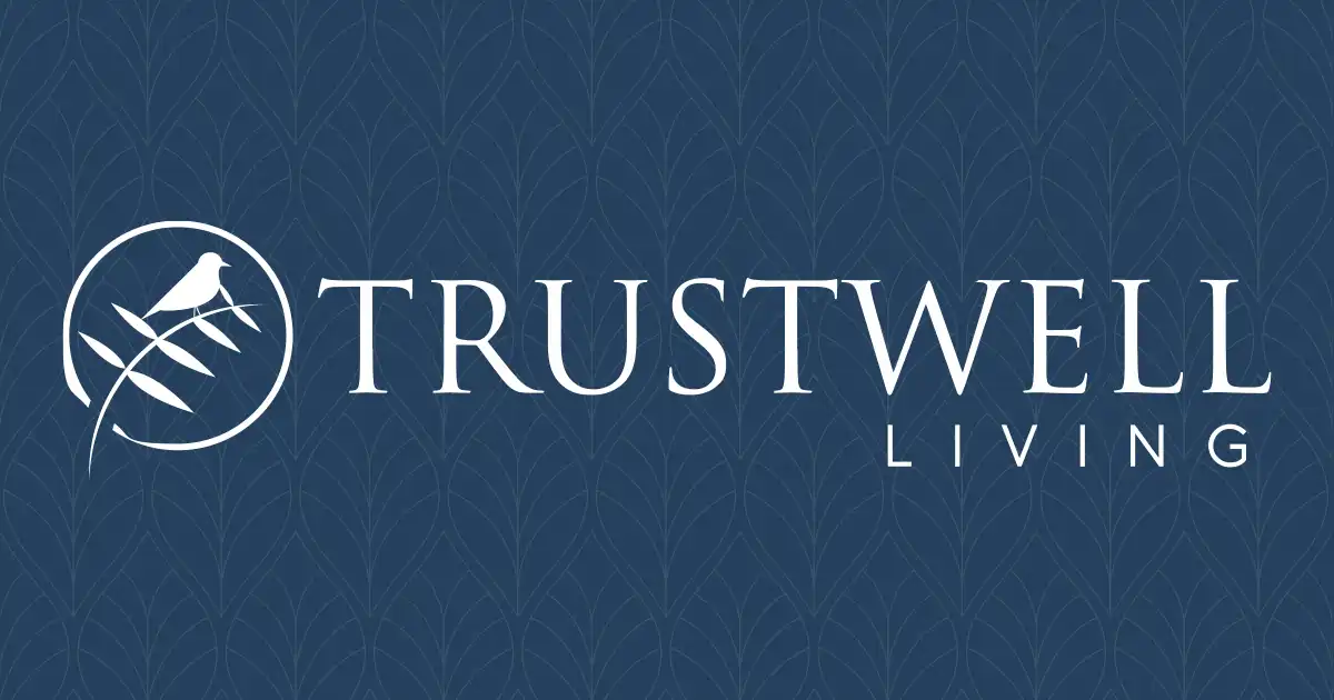 A blue background with a white bird logo on the left, followed by the words "Trustwell Senior Living" in large, white capital letters.